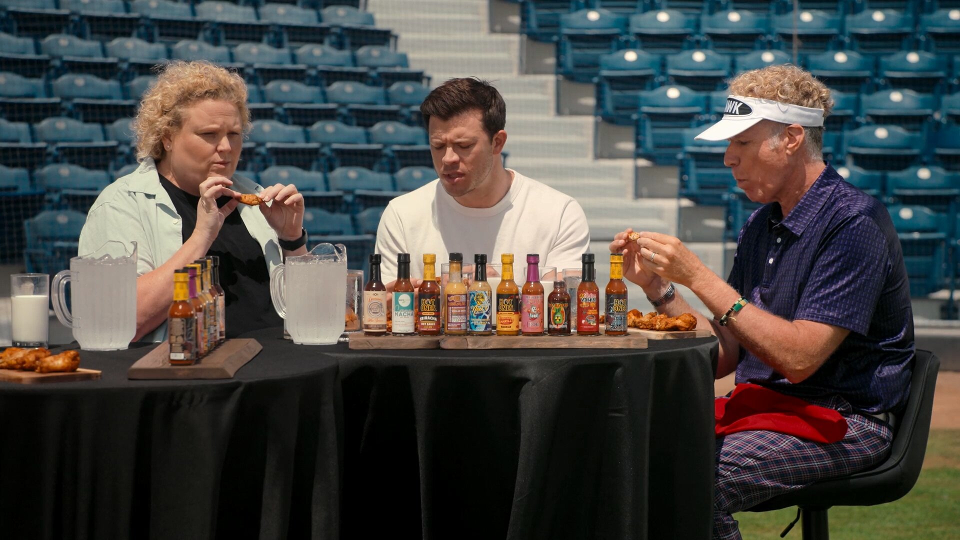 Hot Ones: Extra Heat S1E1 Will Ferrell, Fortune Feimster, and Jimmy Tatro